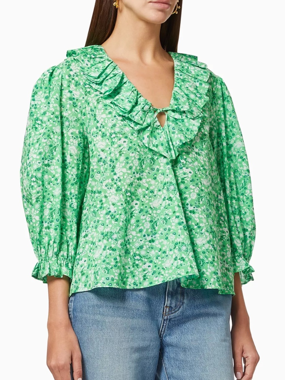 RIXO - Green Floral Ruffle Top